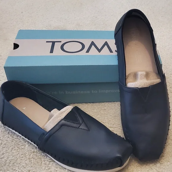 Black Real LeatherToms Alpargata Flats 9 Nearly New - Picture 1 of 6